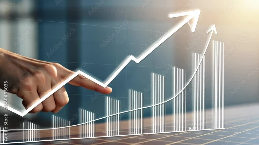 Poster hand pointing at rising graph with bar chart and upward arrow symbolizing growth, success, and progr