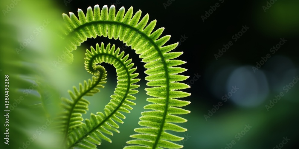 Poster macro of young fern spiral with shallow depth of field and illuminated by sunlight in springtime.