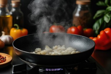 Sizzling onions release steam in hot pan surrounded by fresh ing
