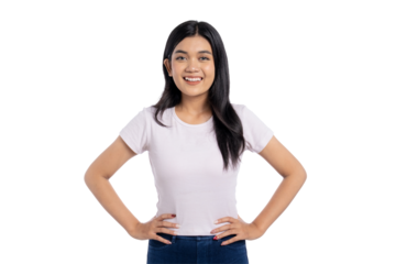 Smiling young Asian woman with hands on hips, confident and happy, isolated on transparent background
