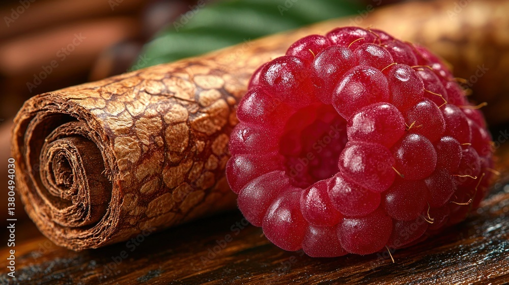 Poster close-up of a single raspberry and cinnamon stick