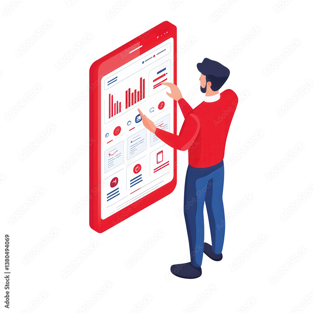 Poster a person interacting with a large digital tablet that displays various data charts and analytics, sh