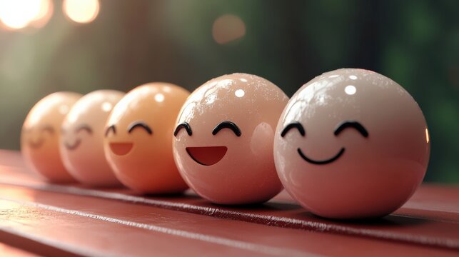Five glossy, smiling round faces line up closely together, radiating joy and happiness, perfect for conveying playful emotions and a light-hearted spirit in a fun, whimsical way.