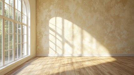 Obraz premium Soft Cream-Brushed Stucco Wall with Natural Light and Wooden Floor