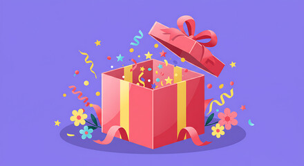 Obraz premium Colorful gift box overflowing with confetti and flowers 