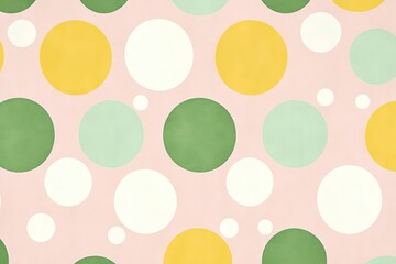 A minimalistic pattern of green, yellow, and white circles on a soft pastel pink background