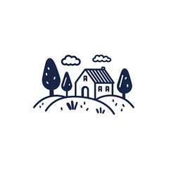 Fototapeta premium A quaint house surrounded by trees and bushes on a hill, conveying a serene countryside atmosphere, ideal for relaxation or rustic living.