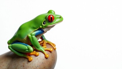 Obraz premium Green tree frog perched on white, vibrant colors, legs, jump