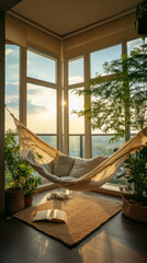 Cozy indoor hammock by large windows with sunlight, surrounded by plants and book on woven rug.