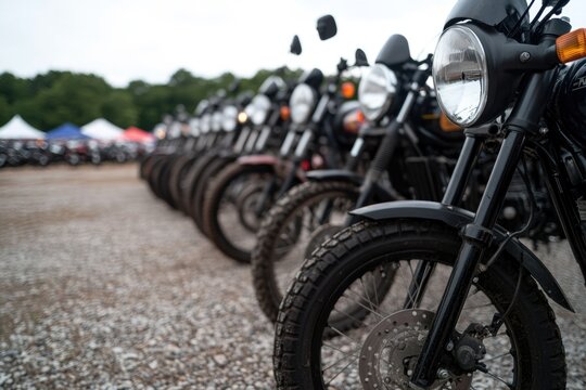 Row of motorcycles lined up, showcasing unique designs and robus