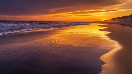 tranquil beach at sunset, golden hues reflecting onrippling wet sand, waves gently rolling ontoshore,sky blending deep oranges, purples, and pinks, shimmering reflections stretching acrosstide