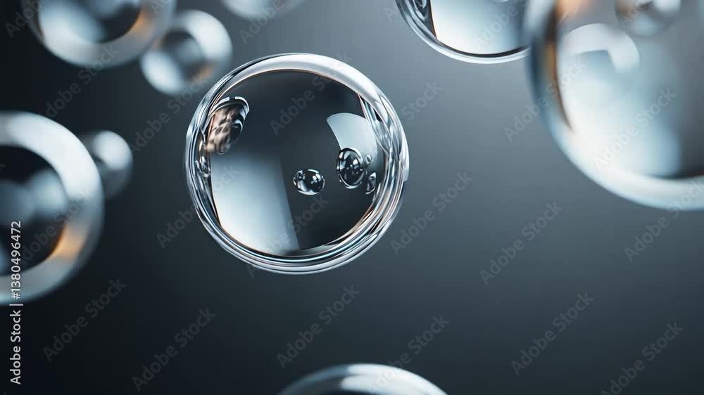 Poster abstract motion of glass spheres floating in a dark environment with reflective surfaces