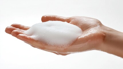 Close-up of a hand with foam soap on the palm, ready to wash.