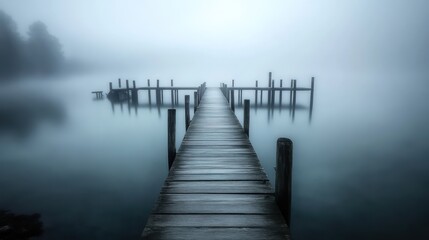 tranquil mist-covered bay, wooden docks extending intofoggy water,scene bathed in soft, diffused light, reflections onsurface creating dreamlike effect,