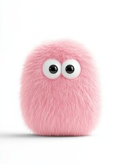 A bright pink fluffy creature with oversized eyes stands on a smooth white surface. It radiates cuteness and charm, emphasizing a joyful and playful aesthetic