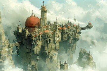 Obraz premium Majestic floating city with towering spires and vibrant red domes amidst fluffy clouds