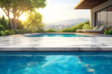 Obraz premium Marble table top for product placement with blurred background of a beautiful blue water pool, in a pretty villa