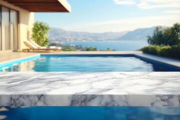Fototapeta premium Marble table top for product placement with blurred background of a beautiful blue water pool, in a pretty villa