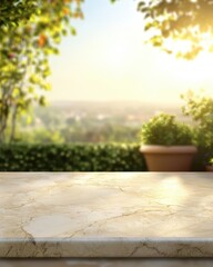 Bright sunlight casts a golden hue over a marble tabletop that overlooks a lush garden. Nearby plants and distant hills create a peaceful ambiance in the late afternoon
