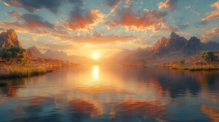 Lake reflects sunset mountains, trees, and clouds. Golden glow on water