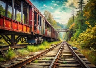Naklejka premium Panoramic View of Abandoned Red Train Car on Overgrown Tracks Under Rustic Forest Bridge
