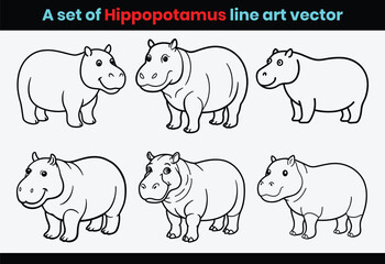 A set of cartoon hippopotamus animals line art vector.