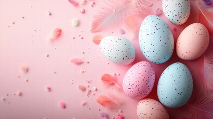 Pastel Easter Elegance: Eggs & Feathers on Pink 