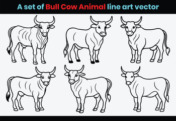 Obraz premium A set of bull cow farm animals collection line art vector,