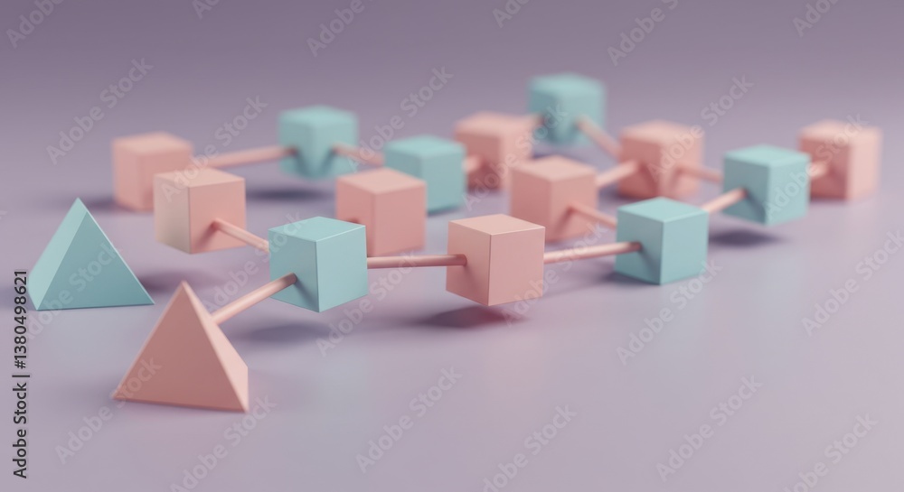 Poster abstract pastel cubes and triangles interconnected network design minimalist 3d render