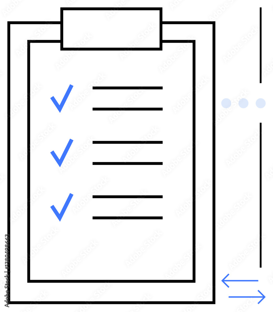 Aufkleber clipboard with checklist and three blue checkmarks, horizontal navigation icon, and progress dots. i