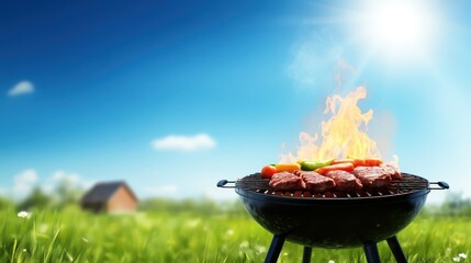 Friends enjoy a delightful summer barbecue in a green field, grilling meats and fresh vegetables while the sun shines brightly overhead. The atmosphere is lively and casual