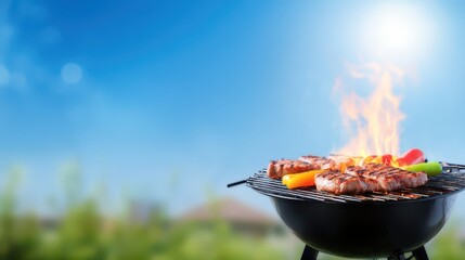 Delicious steaks and vibrant bell peppers are sizzling on the grill, with flames dancing high against a clear blue sky. It’s a perfect day for outdoor cooking and enjoying time with friends