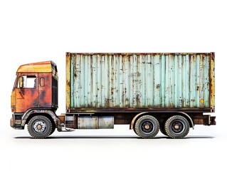 Rusty Cargo Truck: Side view of an aging cargo truck with a weathered container, conveying a sense of history and enduring functionality.