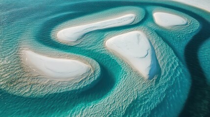 Obraz premium Aerial shot of winding shallow waters forming intricate shapes around white sandbanks,clarity offering breathtaking depth,colors ranging from pale cyto deep turquoise, soft reflections shimmering