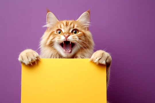 Pet mockup with message. Isolated cat on a solid apparel purple background. Studio pet for campaign. Ð¡ute adult cat turkish angora hold in front paws a layout - large yellow way sign.