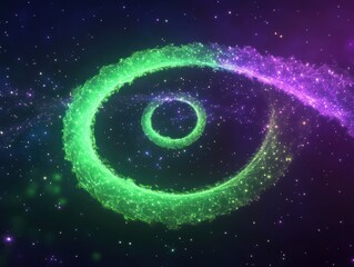 Obraz premium A neon green and purple spiral of digital particles with a smooth glowing effect, set in a vast dark background full of twinkling stars