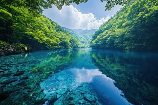 Crystal clear river flows through lush green forest on a sunny day Generative AI