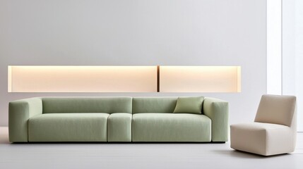 Contemporary minimalist space, pastel green massive sofa, ivory bulky fabric chair, long lit niche with rhythm