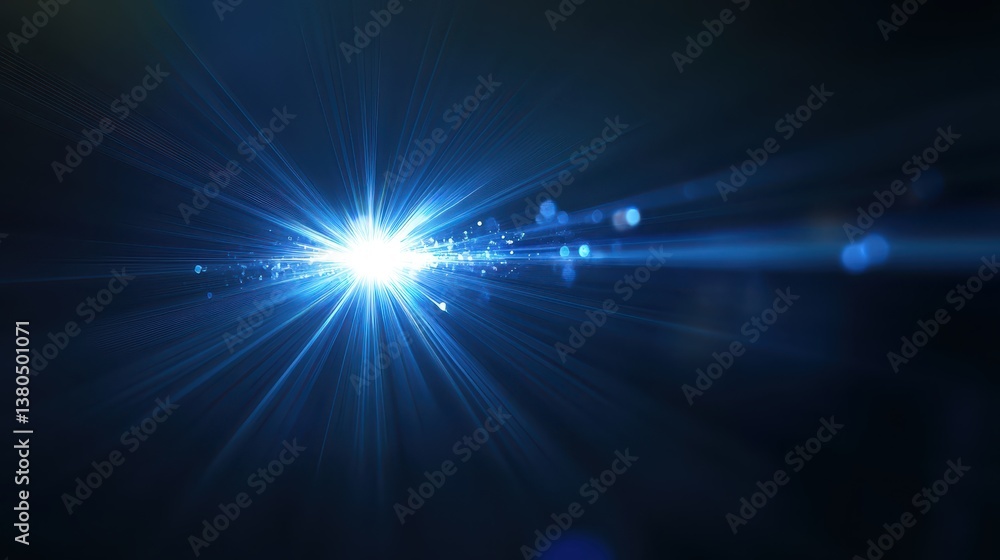 Poster a vibrant blue light radiates from a central point, casting a glow in a dark environment. tiny parti