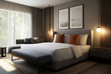 Fototapeta premium A modern bedroom with a comfortable bed and sofa set