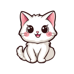 Fototapeta premium Cute Cartoon Cat Vector Illustration with Happy Expression. Adorable cartoon cat with big eyes and a joyful expression captured in a playful vector illustration. The happy feline features a white fur 