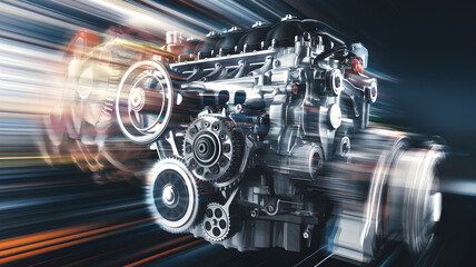 Obraz premium High-speed motion blur of a modern car engine showcasing intricate mechanical components