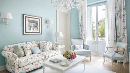Light French Provence living room, pale blue walls, floral fabric sofa, white coffee table, modern chandelier, pastel curtain window