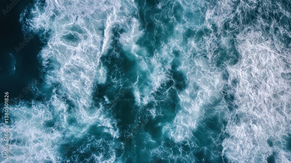 Poster surging waves create a dynamic pattern on the ocean's surface under bright daylight. the deep blue w