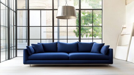 Minimalist loft space, indigo massive sofa, raw floor, metal pendant above, open area without decor or greenery