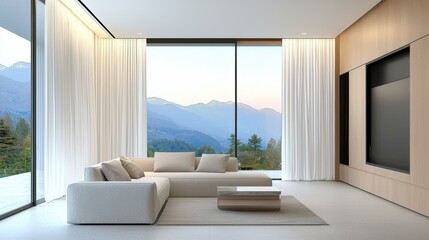Minimalist soft lounge, clay tone sofa, clean white curtains, large window with sunset mountain view, recessed lighting