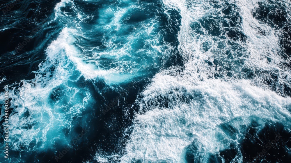 Poster bright sunlight illuminates the deep blue ocean as waves crash energetically against each other, cre