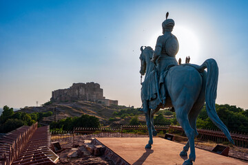 India. State of Rajasthan. Jodhpur. Equestrian statue of Rao Jodha Rathore (founder of Jodhpur,...