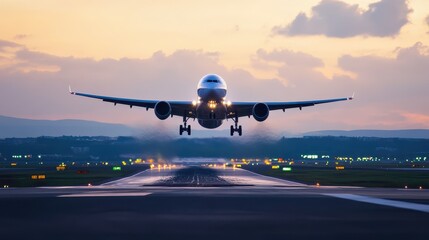 An airplane ascends into the evening sky, taking off from the runway of a bustling airport. The backdrop features a stunning sunset with vibrant colors illuminating the clouds