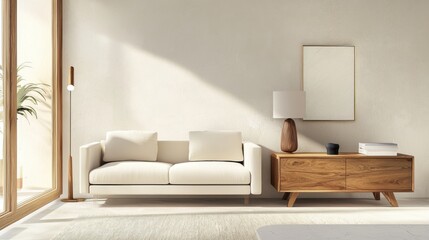 Rustic modern living room, toasted cream sofa, vintage wood sideboard, matte walls, no clutter, soft overhead lighting